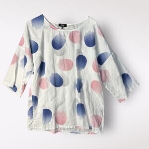 Orly White Pink Blue Lagenlook 3/4 Sleeve Linen Top Blouse Size M‎